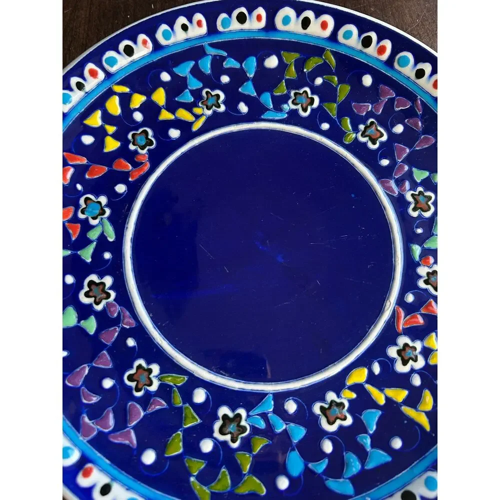 Handcrafted Turkish Kütahya ceramic decorative plate cobalt blue raised floral